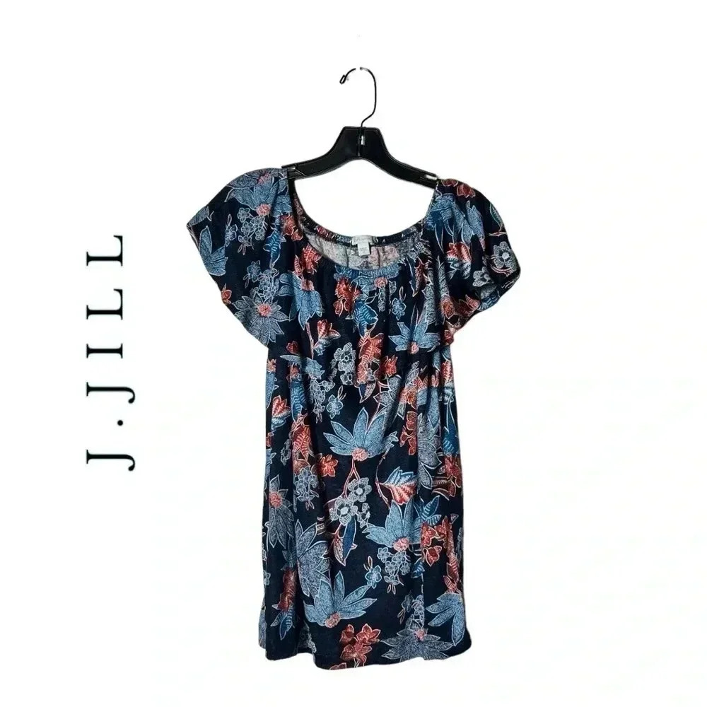 1901. J.JILL LOVES LINEN SARASA TROPICAL RUFFLE TOP SIZE XSMALL COLORFUL NAVY
